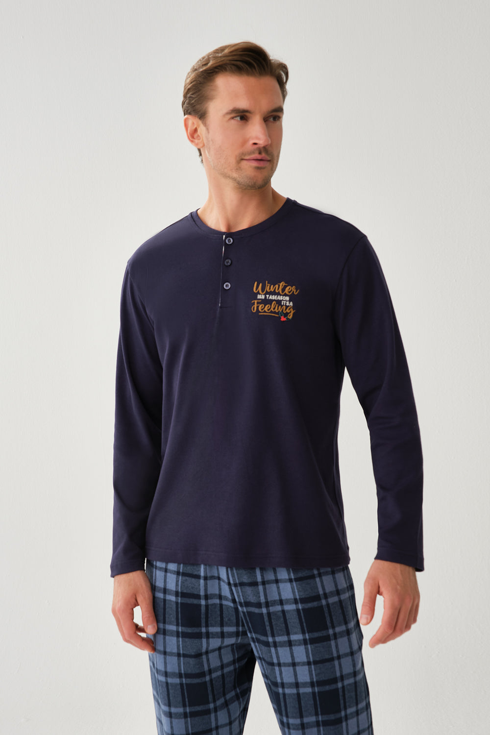 Lacivert Uzun Kol Pamuklu Pijama Üstü