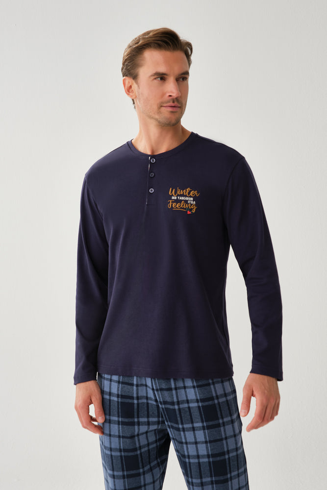 Lacivert Uzun Kol Pamuklu Pijama Üstü