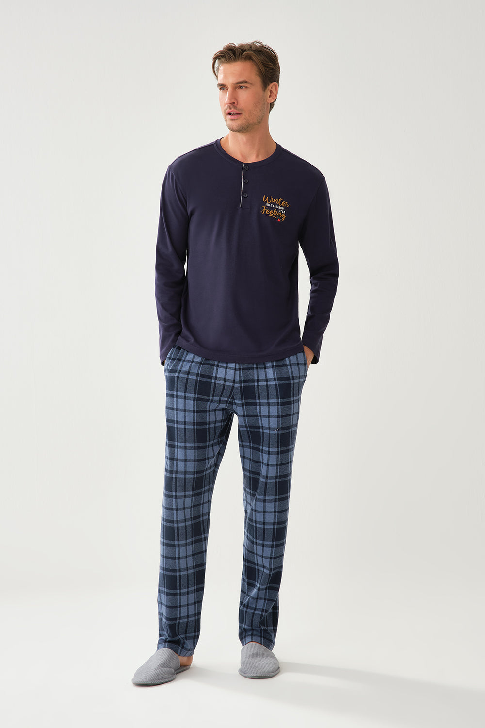 Lacivert Uzun Kol Pamuklu Pijama Üstü