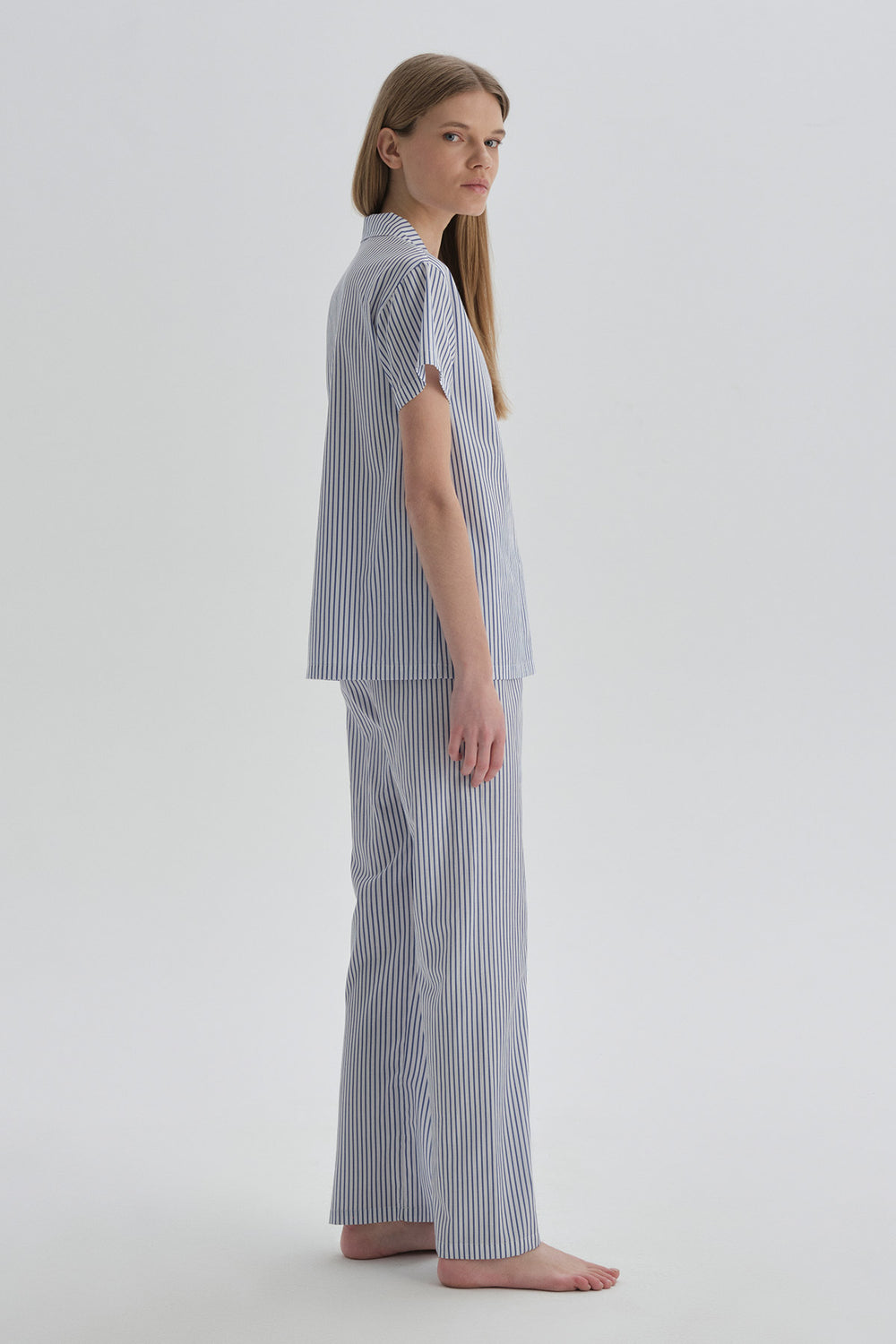 Mavi Ceket Yaka Pamuklu Pijama Üstü