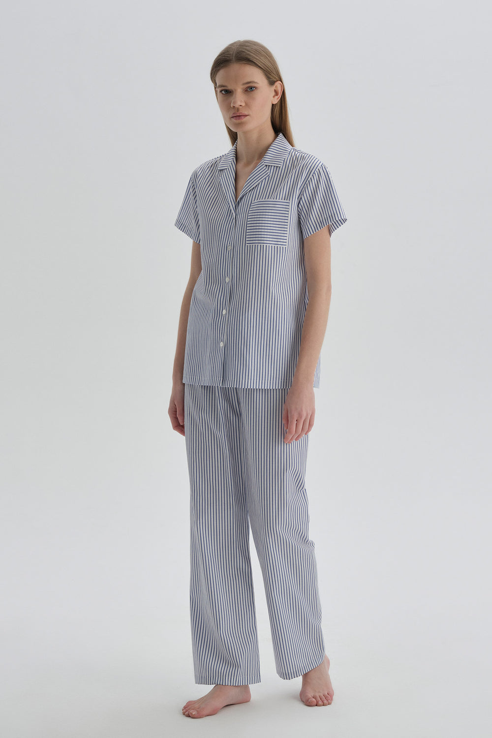 Mavi Ceket Yaka Pamuklu Pijama Üstü