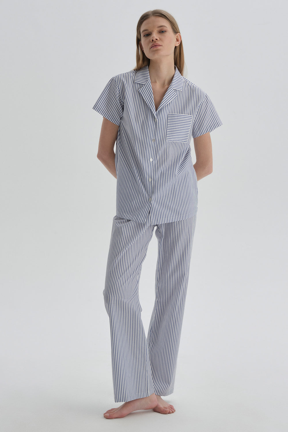 Mavi Ceket Yaka Pamuklu Pijama Üstü