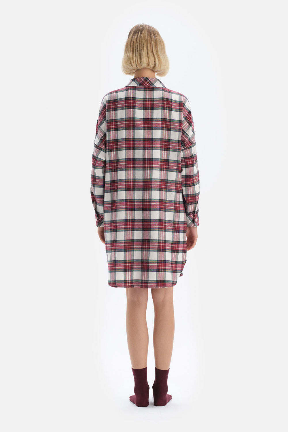 Bordo Ekoseli Gömlek Elbise
