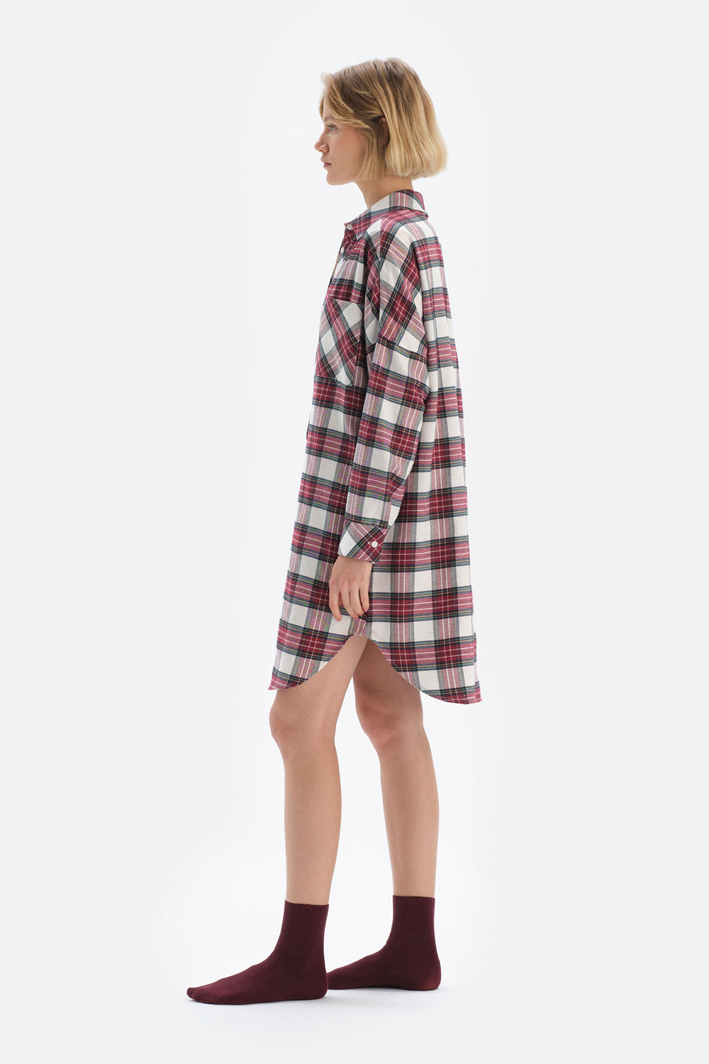 Bordo Ekoseli Gömlek Elbise