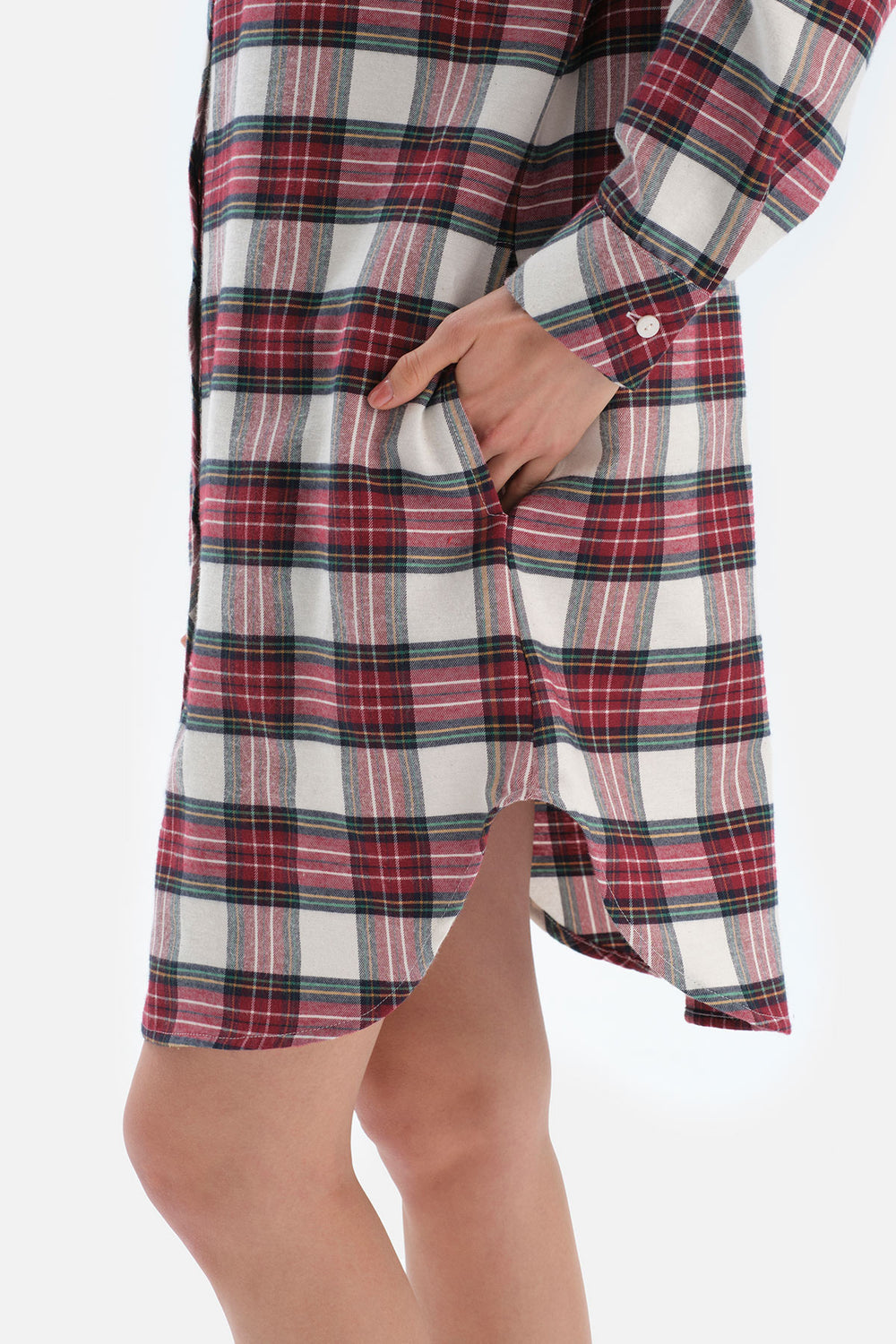 Bordo Ekoseli Gömlek Elbise