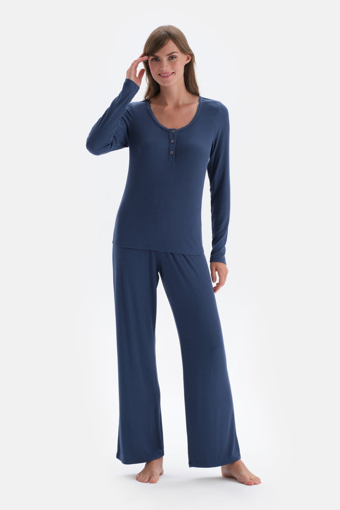 Indigo Ribli Kaşkorse Yuvarlak Yaka Örme Pijama Takımı