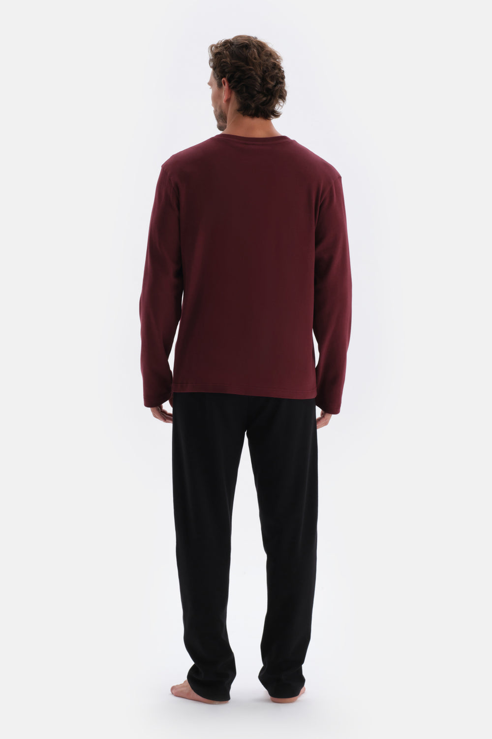 Bordo V Yaka Uzun Kollu Pamuklu Pijama Takımı