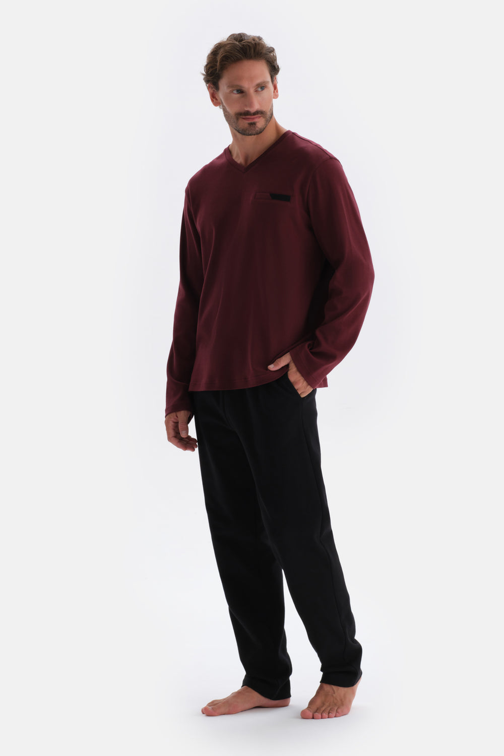 Bordo V Yaka Uzun Kollu Pamuklu Pijama Takımı