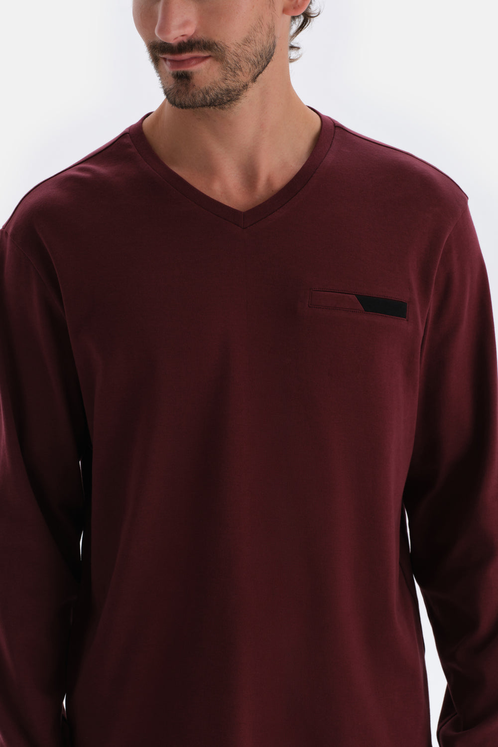 Bordo V Yaka Uzun Kollu Pamuklu Pijama Takımı