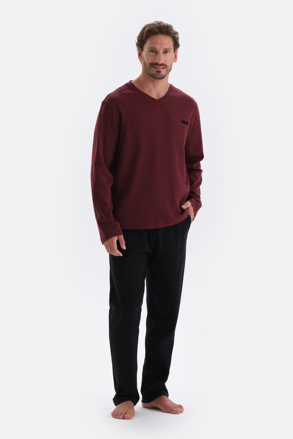 Bordo V Yaka Uzun Kollu Pamuklu Pijama Takımı